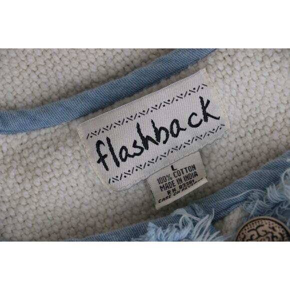 VINTAGE Flashback Womens Sz Large Tapestry Heavy Knit Jacket White Denim Blue - Picture 7 of 7